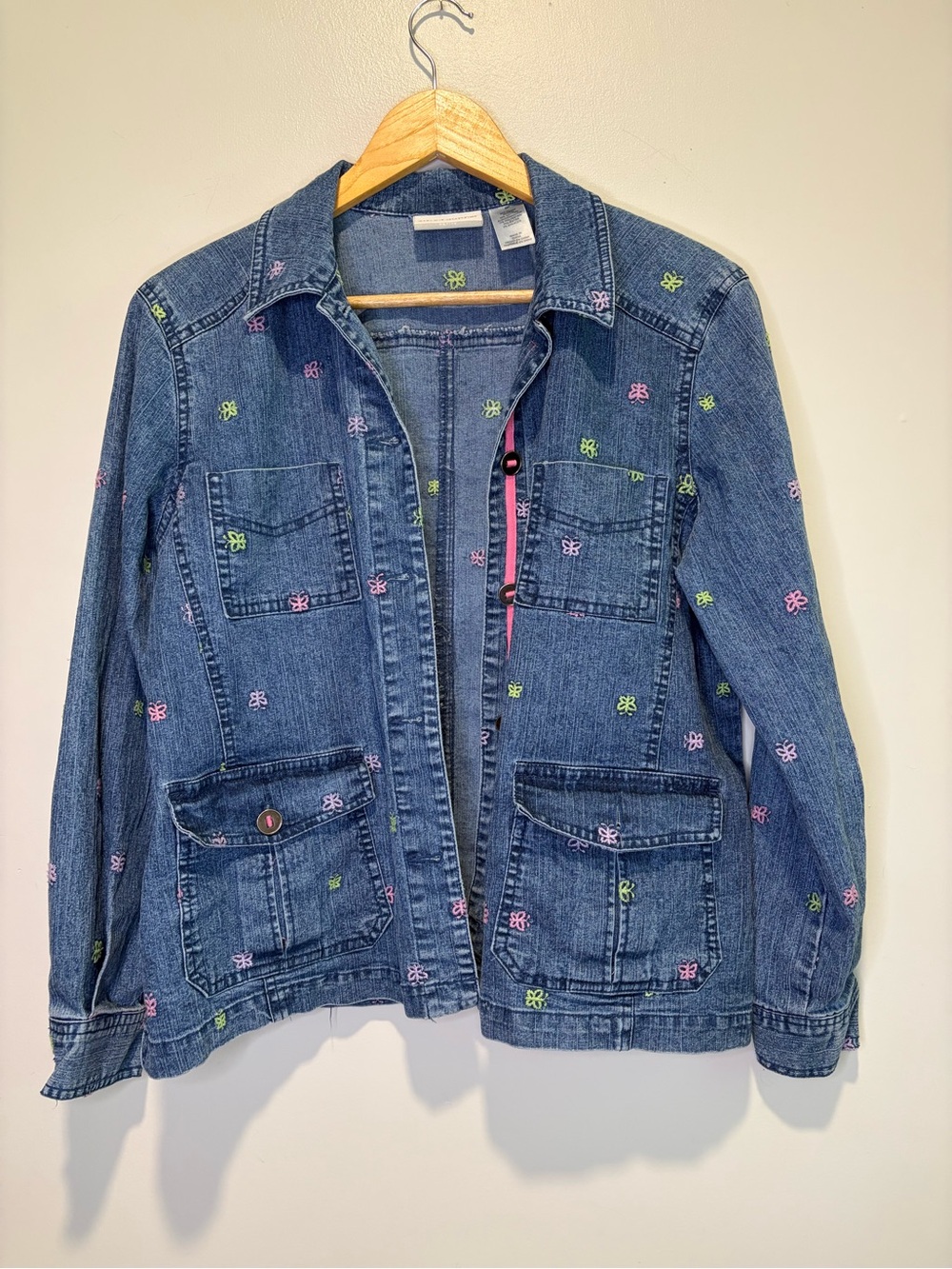 Alfred Dunner Blue Denim Jacket with Pink & Green Embroidery